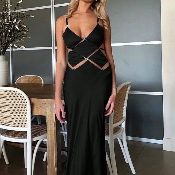 Black Preppy Womens Cut Out Waist Cami Dress - Picture 3 of 3